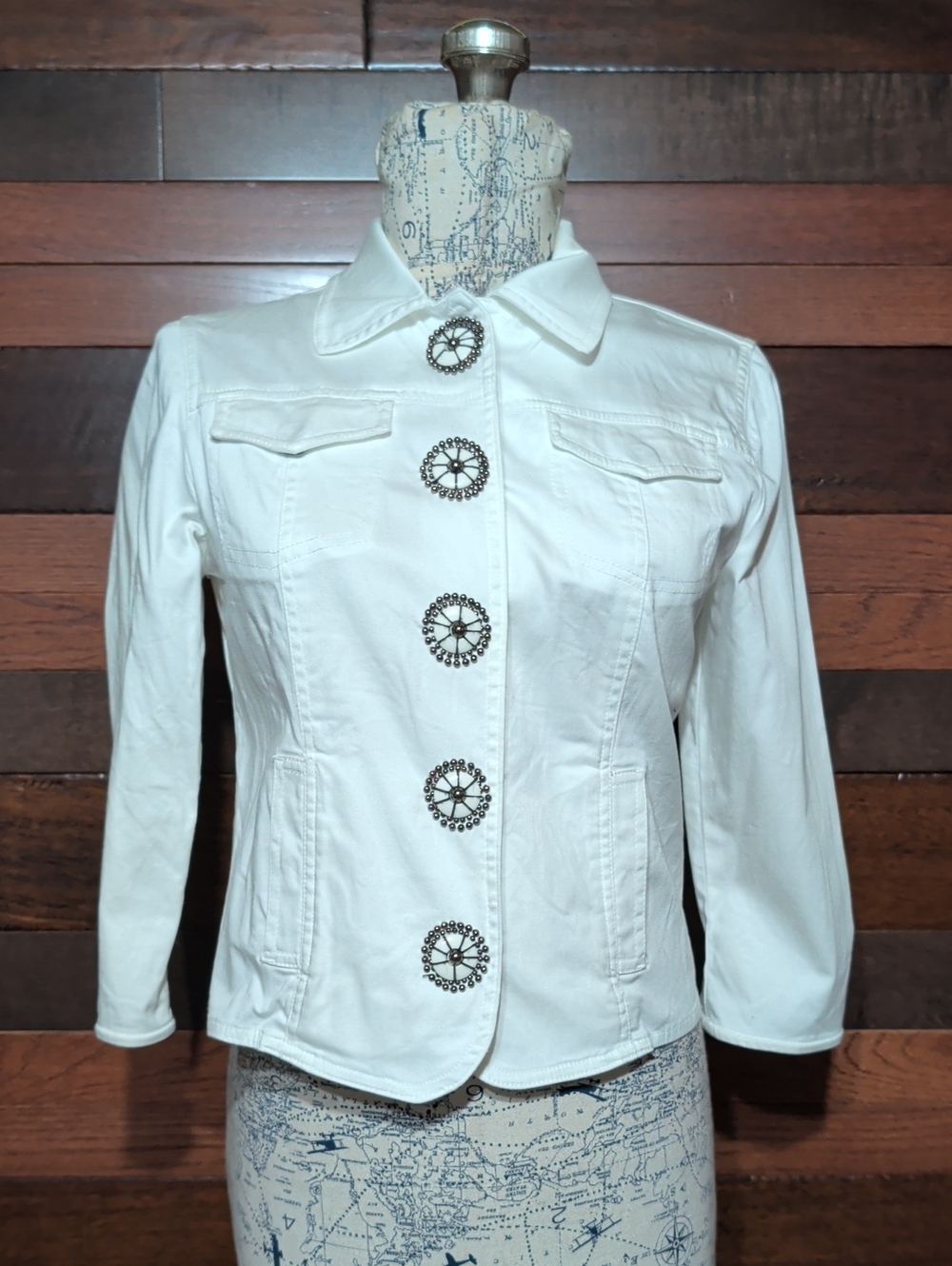 Ruby Rd. White Button-Front Jean Jacket with Decorative Medallion Buttons
